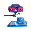 optische Messtechnik-box Ein optisches Messgerät mit rot-schwarzem Gehäuse erfasst ein komplex geformtes Metallbauteil, das auf einem beleuchteten Messtisch liegt. Das Gerät projiziert blaues Licht auf das Objekt, um dessen Geometrie präzise optisch zu vermessen – typischerweise im Rahmen der Qualitätssicherung oder industriellen Bauteilprüfung.